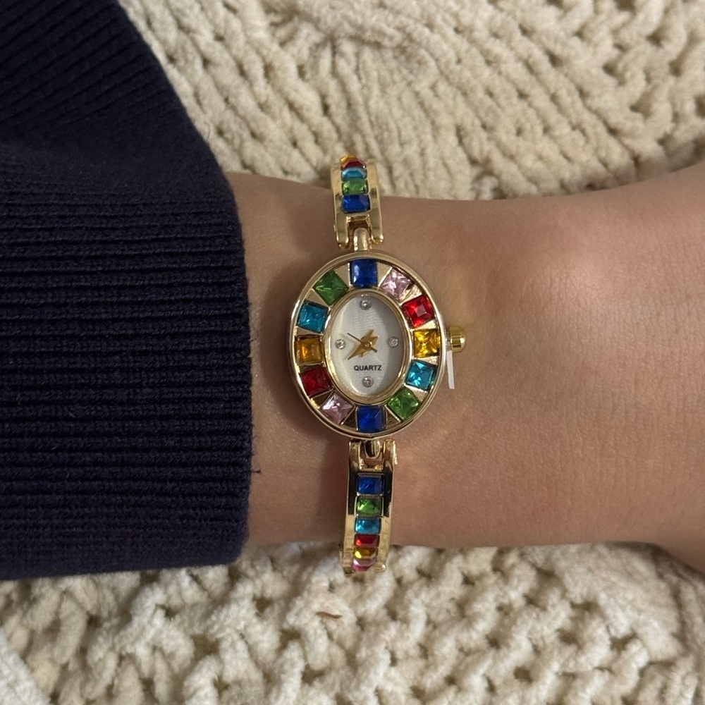 vintage art deco funky gold tone watch with rainbow crystal details